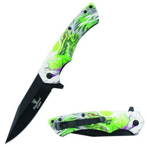 Snake Eye Tactical Spring Assist Knife Black 420 SS Blade/White & Green Dragon 3D Print Handle SKU SE-711GN