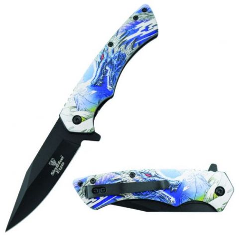 Snake Eye Tactical Spring Assist Knife Black 420 SS Blade/White & Blue Dragon 3D Print Handle SKU SE-711BL