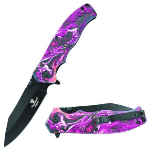 Snake Eye Tactical Spring Assist Knife Black 420 SS Blade/Purple Dragon 3D Print Handle SKU SE-577PK