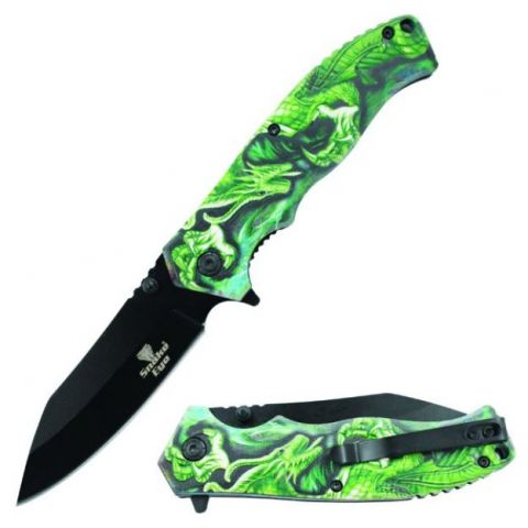 Snake Eye Tactical Spring Assist Knife Black 420 SS Blade/Green Dragon 3D Print Handle SKU SE-577GN