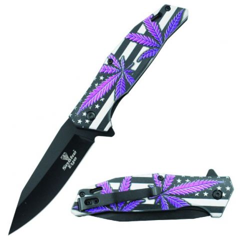 Snake Eye Tactical Spring Assist Knife Black 420 SS Blade/U.S. Flag with Purple Pot Leaf Handle SKU SE-177PP