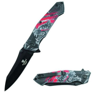 Snake Eye Tactical Spring Assist Knife Black 420 SS Blade/Red & Black Tiger 3D Print Handle SKU SE-477RD