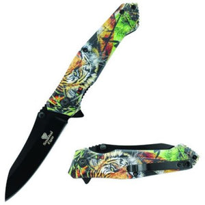 Snake Eye Tactical Spring Assist Knife Black 420 SS Blade/Green & Orange Tiger 3D Print Handle SKU SE-477GN