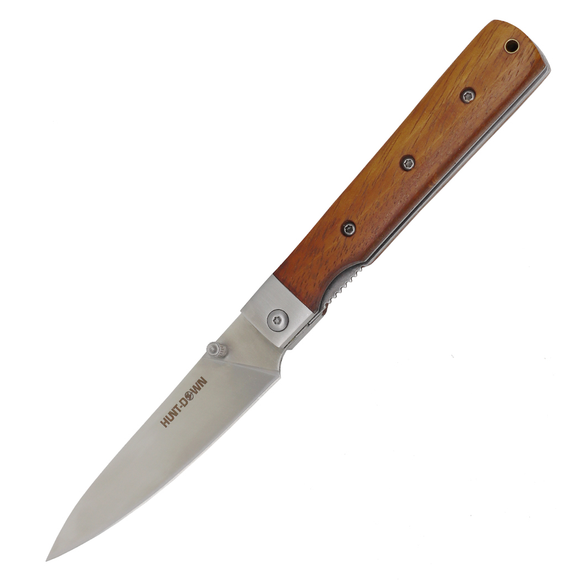 Hunt-Down Liner Lock Folding Knife 7CR17 SS Blade/Wood & SS Handle SKU 14393