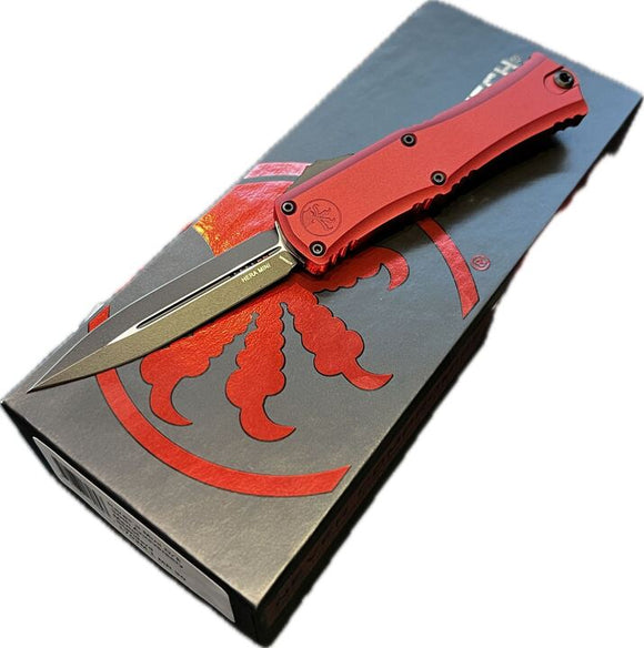 Microtech Mini Hera 30th Anniversary Auto OTF Knife Black Double Edge M390 SS Blade/Red Alum. Handle SKU 1702M-1MR30