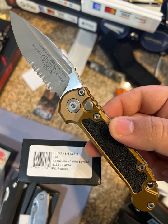 Microtech LUDT Gen III Apocalyptic Automatic Knife Half Serr. M390MK SS Blade/Tan Alum. w/Grip Tape Handle SKU 1135-11APTA