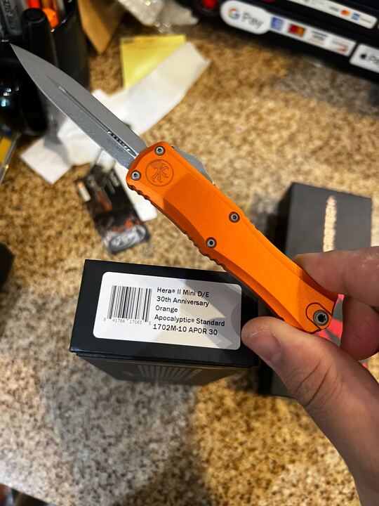 Microtech Mini Hera 30th Anniversary Apocalyptic Automatic Knife Double Edge M390MK SS Blade/Orange Alum. Handle SKU 1702M-10APOR30