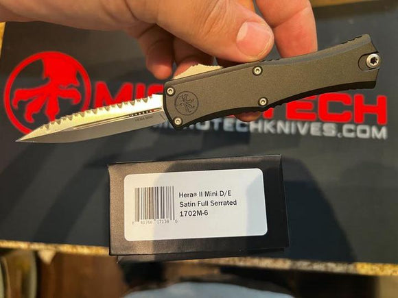 Microtech Mini Hera II OTF Auto Knife Double Edge Serr. Bohler M390MK SS Blade/Black Aircraft Alum. Handle SKU 1702M-6