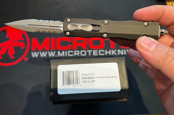 Microtech Dirac OTF Auto Knife Double Edge Apocalyptic Serr. M390 SS Blade/Black Alum. Handle SKU 225-11AP