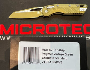 Microtech MSI RAM-LOK Knife Vintage Green Cerakote M390MK Stainless Blade/Flate Dark Earth Tri-Grip Polymer Handle SKU 210T-1PMCVG