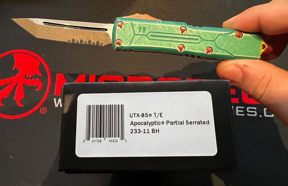 Microtech UTX-85 Auto OTF Knife Stonewash Tanto Apocalyptic Steel Blade/Green Apocalyptic 6061-T6 Alum. Handle SKU  233-11BH