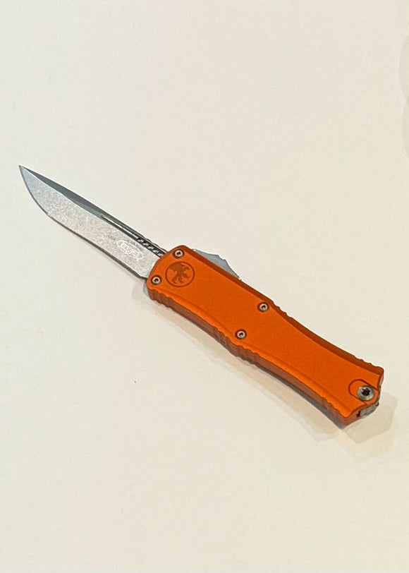 Microtech Hera II Mini Recurve OTF Auto Knife Bohler M390MK Stone Wash SS Blade/Orange Alum. Handle SKU 1705M-10OR