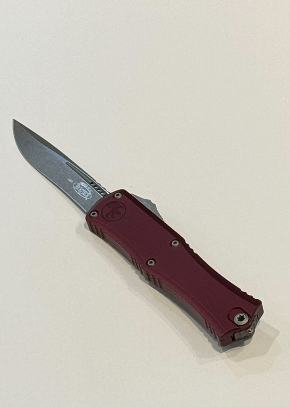 Microtech Hera II Mini Recurve OTF Auto Knife Bohler M390MK SS Blade/Merlot Red Aircraft Alum. Handle SKU 1705M-10APMR