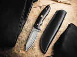 Boker Magnum Vernery Damascus Fixed Blade Knife Ebony with Leather Sheath SKU 02SC018DAM