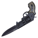 Spring Assist Revolver Gun Knife 8" Black/Wood SKU PF28BK