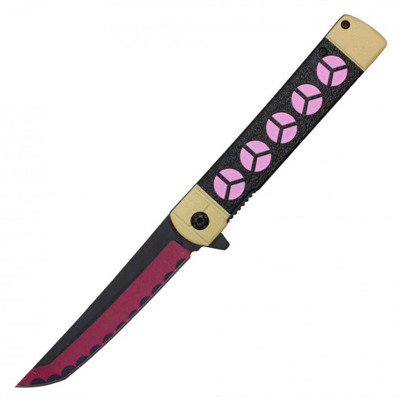 Spring Assist Zoro's Shusui Folding Knife 2-Tone Steel Blade/Pink & Black Katana Handle SKU PF57A