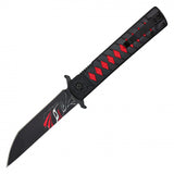 Spring Assist Folding Knife Ichigo Black Steel Graphic Tanto Blade/Black/Red Katana Handle SKU PF58B