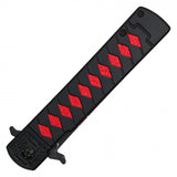 Spring Assist Folding Knife Ichigo Black Steel Graphic Tanto Blade/Black/Red Katana Handle SKU PF58B