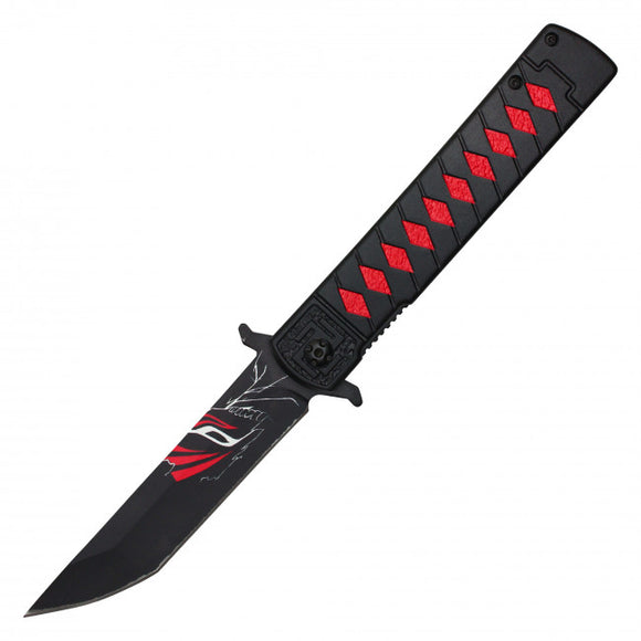 Spring Assist Folding Knife Ichigo Black Steel Graphic Tanto Blade/Black/Red Katana Handle SKU PF58B