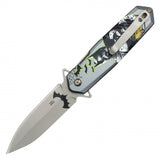 Dark Knight Assist Open Knife 8" Overall Silver Graphic Steel Blade/Dark Knight Graphic Handle SKU PF63A