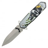 Dark Knight Assist Open Knife 8" Overall Silver Graphic Steel Blade/Dark Knight Graphic Handle SKU PF63A