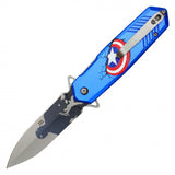 Cap. America Assist Open Knife 8" Overall Silver Graphic Steel Blade/Blue Graphic Handle SKU PF63C