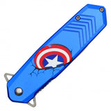 Cap. America Assist Open Knife 8" Overall Silver Graphic Steel Blade/Blue Graphic Handle SKU PF63C