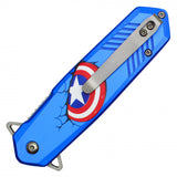 Cap. America Assist Open Knife 8" Overall Silver Graphic Steel Blade/Blue Graphic Handle SKU PF63C