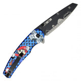 Mario Spring Assist Folding Knife Black Graphic Steel Blade/Blue Mario Graphic Handle SKU PF66B