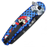 Mario Spring Assist Folding Knife Black Graphic Steel Blade/Blue Mario Graphic Handle SKU PF66B