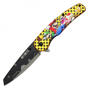 Mario Spring Assist Folding Knife Black Graphic Steel Blade/Gold Mario Graphic Handle SKU PF66D