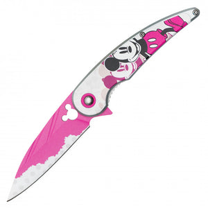 Mickey Spring Assist Folding Knife Pink Perforated steel Blade/Pink Mouse Print Handle SKU PF74A