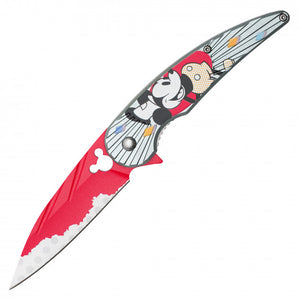 Mickey Spring Assist Folding Knife Red Perforated Steel Blade/Gray Mouse Print Handle SKU PF74B