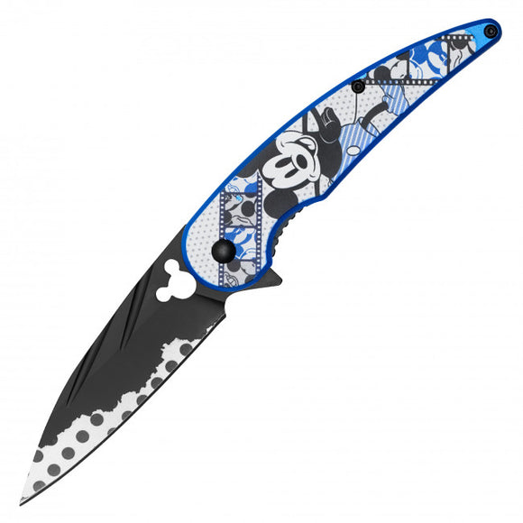 Mickey Spring Assist Folding Knife Black Perforated Steel Blade/Blue Mouse Print Handle SKU PF74C