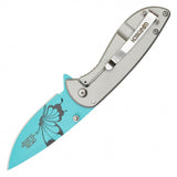 Wartech Spring Assist Knife Blue Butterfly Print Steel Blade/Gray Butterfly Print Handle SKU PWF15BL