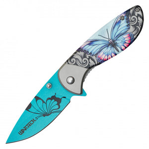 Wartech Spring Assist Knife Blue Butterfly Print Steel Blade/Gray Butterfly Print Handle SKU PWF15BL