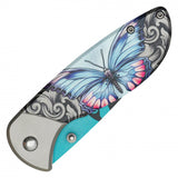 Wartech Spring Assist Knife Blue Butterfly Print Steel Blade/Gray Butterfly Print Handle SKU PWF15BL