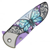 Wartech Spring Assist Knife Purple Butterfly Print Steel Blade/Gray Butterfly Print Handle SKU PWF15PP