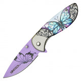 Wartech Spring Assist Knife Purple Butterfly Print Steel Blade/Gray Butterfly Print Handle SKU PWF15PP