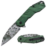 Tac Force Spring Assist Knife Digital Camo Embossed 3Cr13 Steel Blade/Green Alum. Handle SKU TF-1049GN