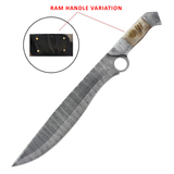 The Bone Edge 17" Bowie Knife Damascus Blade/Ram Handle w/Leather Sheath SKU 14470