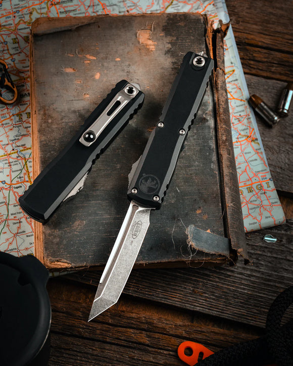 Microtech Ultratech Gen III ZBP Auto OTF Knife T/E Stonewash Bohler M390MK Steel Blade/Black 6061-T6 Alum. Handle SKU 1123-10