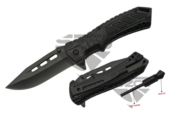 SZCO Black Streak Folding Knife w/Firestarter & Whistle Black Stainless-Steel Blade/Black ABS Handle SKU: 300524